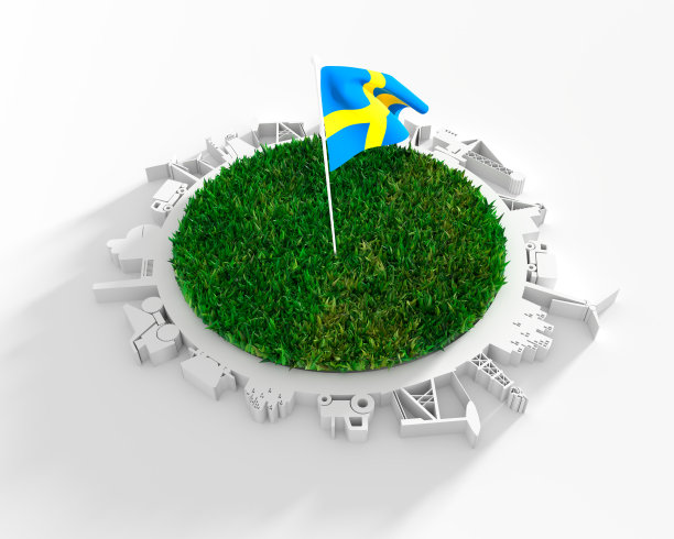 圆形与工业相关的轮廓和三维绿草。瑞典的国旗图片下载