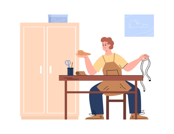 制鞋车间的制鞋工人测量尺寸，设计时尚鞋图片下载