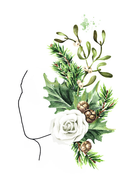 冬天的女孩。女人肖像在帽子与冬季装饰。水彩手绘插图孤立在白色背景图片下载