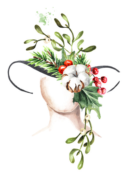 冬天的女孩。女人肖像在帽子与冬季装饰。水彩手绘插图孤立在白色背景图片下载