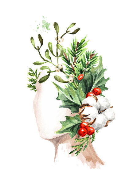 冬天的女孩。女人肖像在帽子与冬季装饰。水彩手绘插图孤立在白色背景图片下载