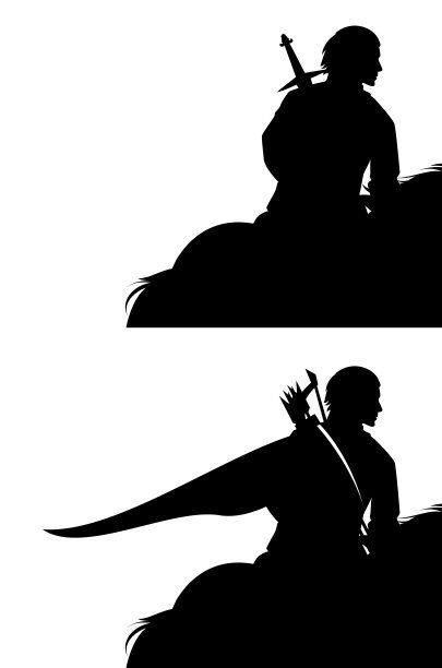 幻想战士弓箭手和剑客骑马黑色矢量剪影图片下载