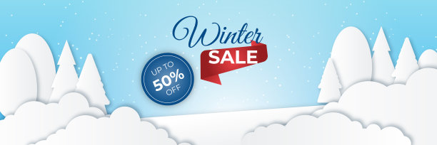 蓝色闪亮的冬季圣诞节销售旗帜与雪，棕榈树，雪花，和山。图片下载