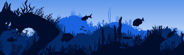 鱼和藻类在珊瑚礁的背景上。水下海洋场景。深蓝色的海水，珊瑚礁和水下植物。美丽的水下景色;带有珊瑚礁的矢量海景。图片下载