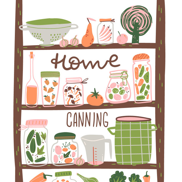 家庭罐头涂鸦插图。架子上有食物，厨房设备，罐子，水果和蔬菜。图片下载