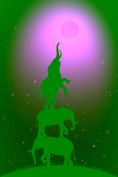 在繁星点点的月夜，大象伸手去抓满月图片下载