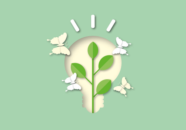 树生长在灯泡与蝴蝶在绿色背景。为生态能源自然而设计。图片下载