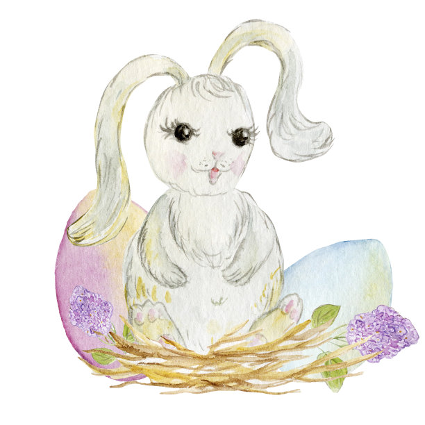 带着复活节彩蛋的可爱兔子。水彩插图。图片下载