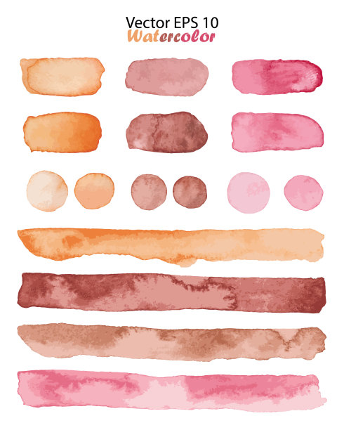 向量设置水彩条纹和斑点插图孤立的白色背景。橙粉红色棕色裸色刷条纹和点图片下载