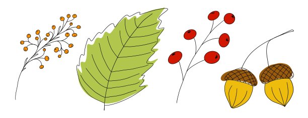 秋天的落叶和浆果。独立的手绘插图，涂鸦风格的白色背景图片下载