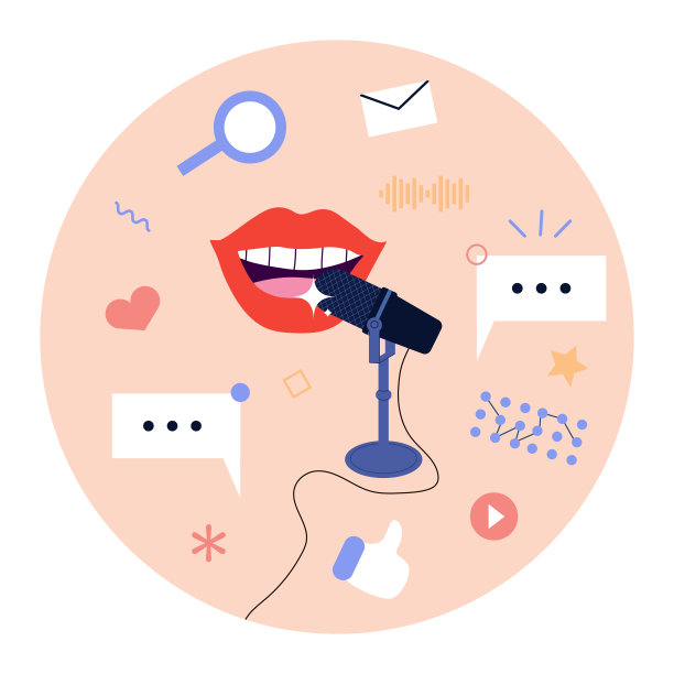 播客展示概念元素。突出播客与麦克风，嘴，聊天和音频元素。图片下载