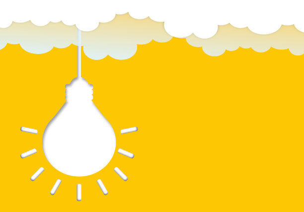 黄色背景上的云朵白炽灯，创意灵感概念图片下载