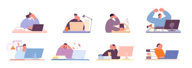 办公室的人压力。疲惫的女人，倦怠而疲惫。电脑前困倦的经理。消极情绪、工作危机或筋疲力尽完全矢量集合图片下载