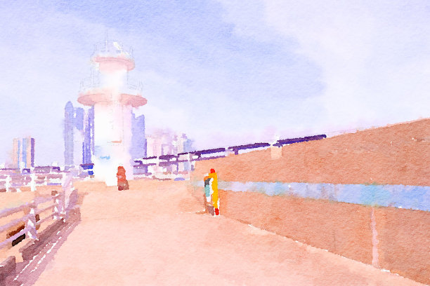 水彩画描绘了釜山著名的韩国地标——广台桥灯塔美丽的风景。图片下载