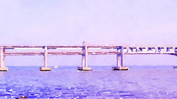 水彩画描绘了韩国著名地标釜山广台桥美丽的风景。图片下载