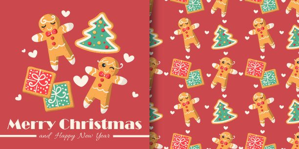 圣诞节日季节横幅与快乐的圣诞节文本和无缝图案的姜面包在男孩，圣诞树和礼盒形状的红色背景与小心。图片下载
