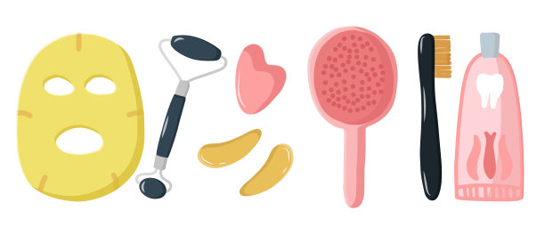 设定插图早上的例行公事。养成天天好习惯，口腔卫生，梳头。家用布质面膜、眼罩和按摩工具。矢量平面插图在卡通风格图片下载