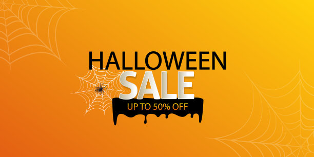 万圣节销售横幅与蜘蛛网。向量插图贺卡，礼品卡，邮政，促销或派对邀请。橙色背景和标题。铭文万圣节出售。折扣图片下载