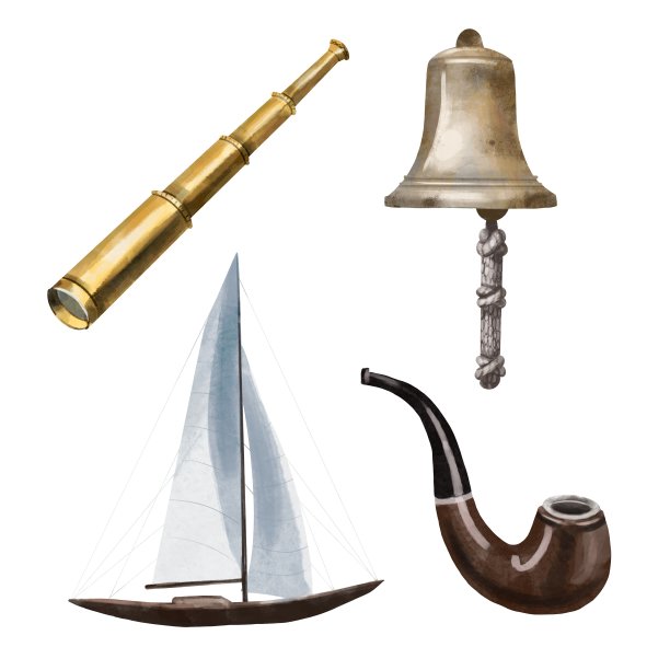水彩海集。帆船，烟斗，旧船钟，旧海望远镜图片下载
