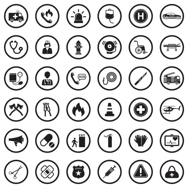 紧急的图标。圆形黑色平面设计。矢量插图。图片下载