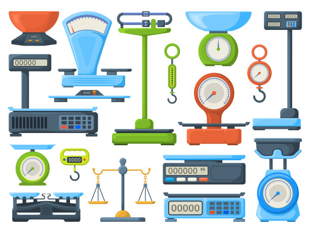 机械和电子商店测量重量秤。厨房或车间测量仪器等距矢量插图集。体重秤的符号图片下载