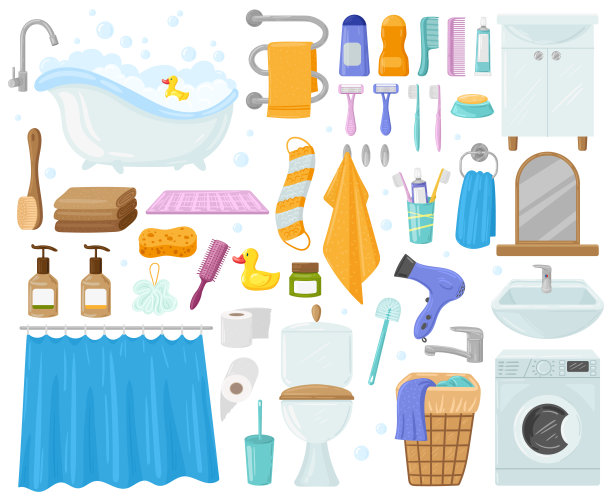 卡通浴室元素，浴缸，水槽，淋浴器，毛巾和肥皂。采购产品浴室，卫生产品，厕所，洗衣机，毛巾向量插图集。浴室的元素图片下载