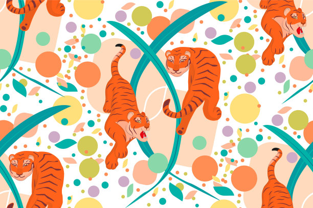 图案有两只老虎和树叶。卡通插图。插图红色老虎在各种姿势图片下载