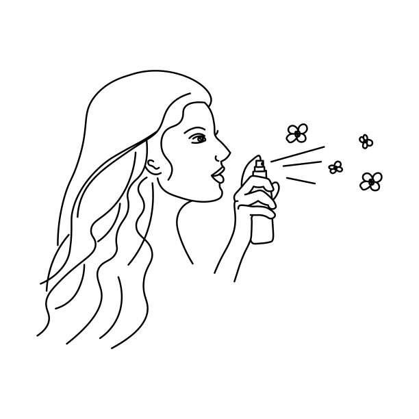 一个年轻漂亮的女人正在喷一瓶香水。线条女孩抽象极简剪影。水疗沙龙的身体护理，生态化妆品矢量图标素描风格。图片下载