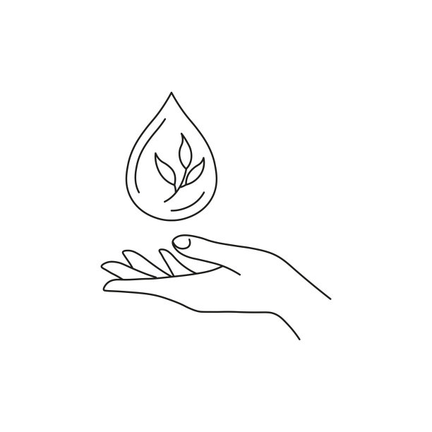 手握水珠与树叶。行风格。孤立在白色背景上。图片下载