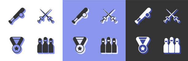 设置保龄球瓶棒球棒与球奖牌和图片下载