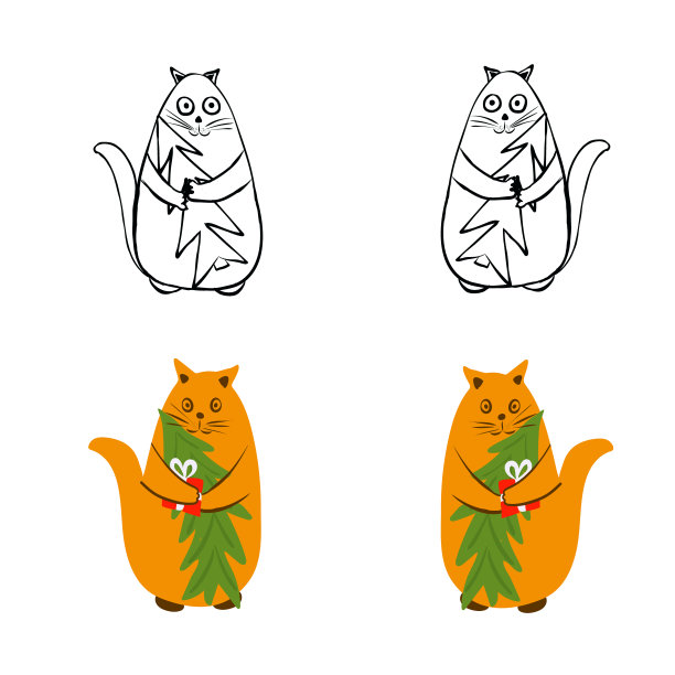 一套猫与树和礼物的圣诞节和新年。图片下载