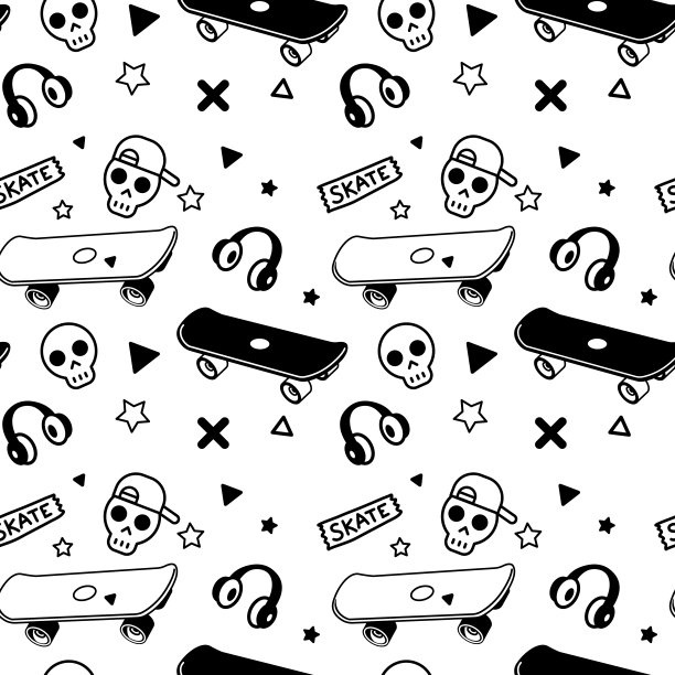 矢量插图酷板，耳机和字。滑板无缝模式与卡通滑板和骷髅。线条艺术风格溜冰鞋图片下载