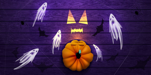 快乐的万圣节旗帜，海报或派对邀请紫木背景与蜘蛛网，飞行蝙蝠，幽灵和南瓜。矢量图图片下载