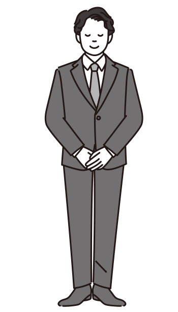 一个商人双手合十，礼貌地站着的黑白全身插图。图片下载