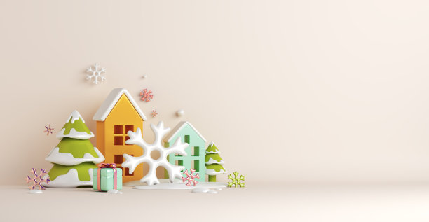 冬季装饰背景与房屋建筑城市，雪花，冷杉树，复制空间文字，3D渲染插图图片下载
