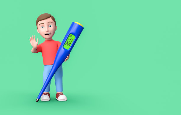 年轻的3D卡通人物与温度计在蓝色背景与复制空间图片下载