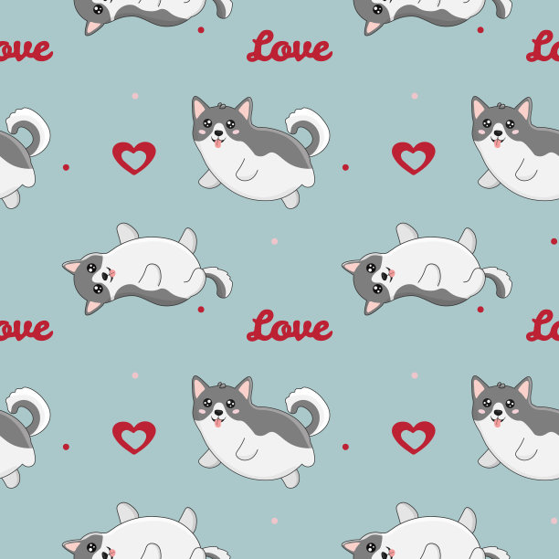 无缝模式与哈士奇和心。为包装纸，贺卡和季节性设计的背景。情人节快乐。图片下载