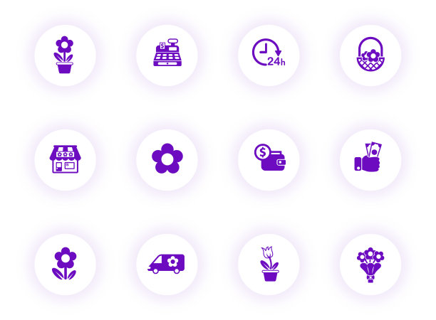 花店紫色矢量图标上的圆形按钮与紫色阴影。花店图标设置网页，移动应用程序，UI设计和打印图片下载