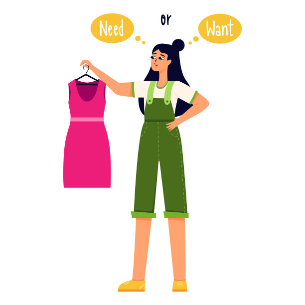 一个黑发的年轻女孩拿着一件粉红色的裙子，认为她需要它或者想要它。主题合理消费，过度消费，自觉选择服装。平面向量插图图片下载