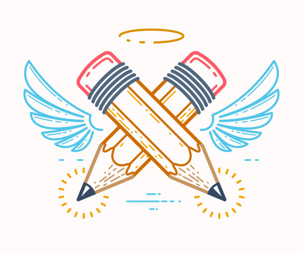 两支带翅膀和光的交叉铅笔，矢量简单时尚的标志或图标，为设计师或工作室，创意精神，天使设计，线性风格。图片下载