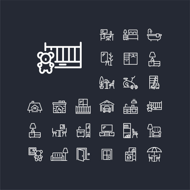 婴儿房线图标设置在黑色背景上。图片下载