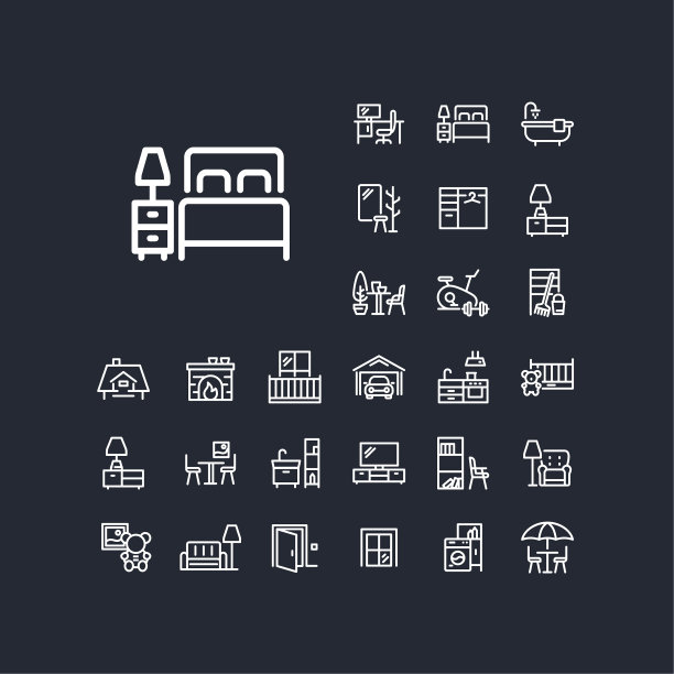 卧室线图标设置在黑色背景上。图片下载
