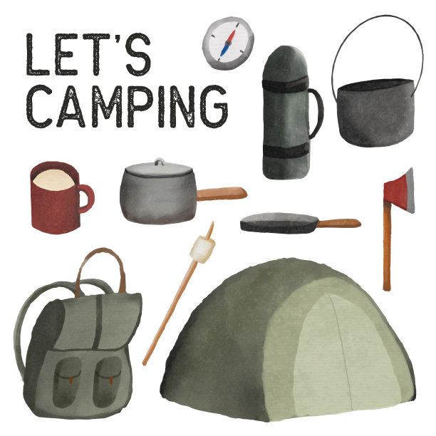 一套水彩画的露营用品剪贴画。手绘孤立在白色背景图片下载