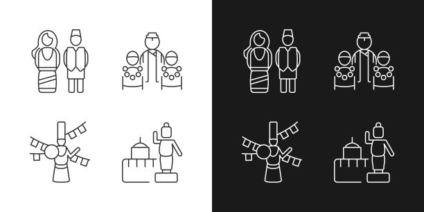 尼泊尔传统的线性图标设置为黑暗和光明模式图片下载