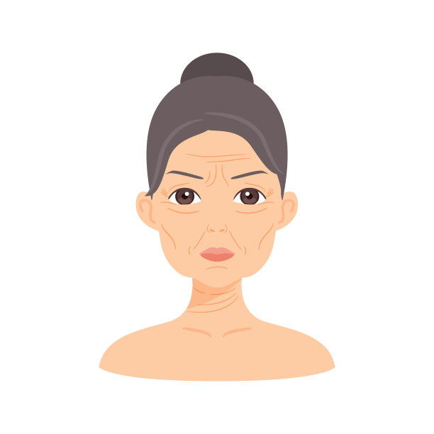 美丽的白种人老年妇女。漂亮老太太的肖像与一个灰色的发髻在头上。皱纹，面部下垂。平的卡通风格。白色背景。插图医疗，美容设计。向量图片下载