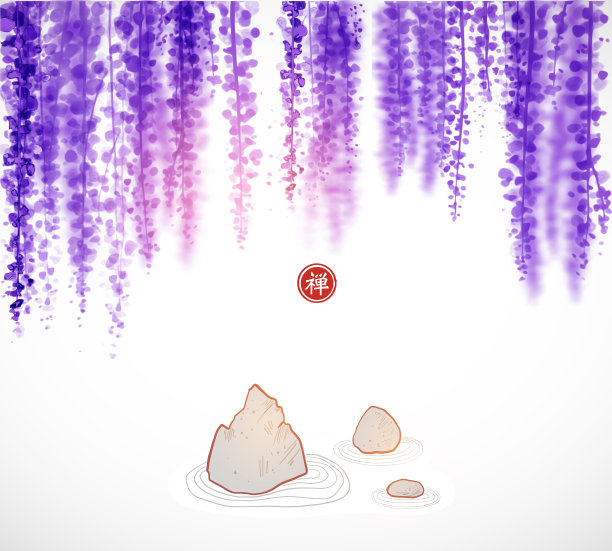 禅意岩石花园，白沙上的石头下盛开着紫藤图片下载