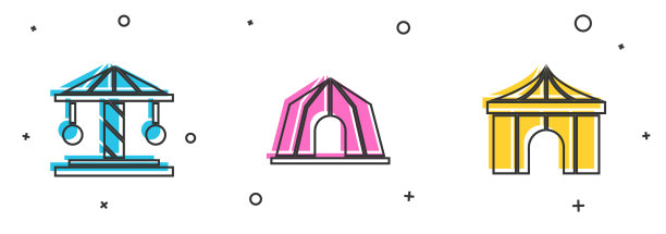 设置吸引，旋转木马，马戏团帐篷和图标图片下载