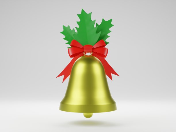 金色的金属钟与红色的蝴蝶结孤立在白色的背景上，圣诞节的象征，学校的钟，复古的钟。3 d渲染。图片下载