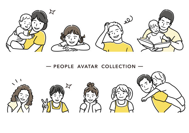 人物化身矢量线绘图集合。一套父母和孩子的平面简单的插图。图片下载