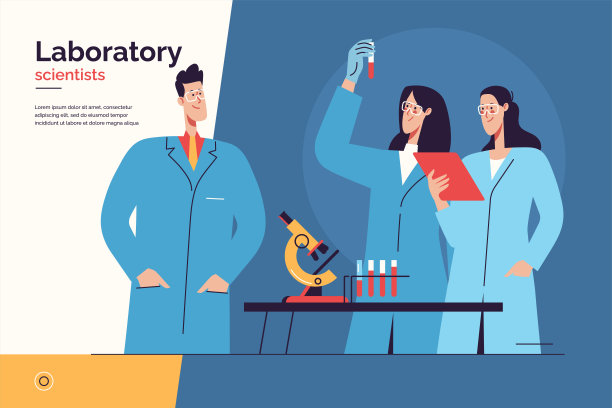 矢量插图描绘了一组科学家在实验室工作。可编辑的中风图片下载